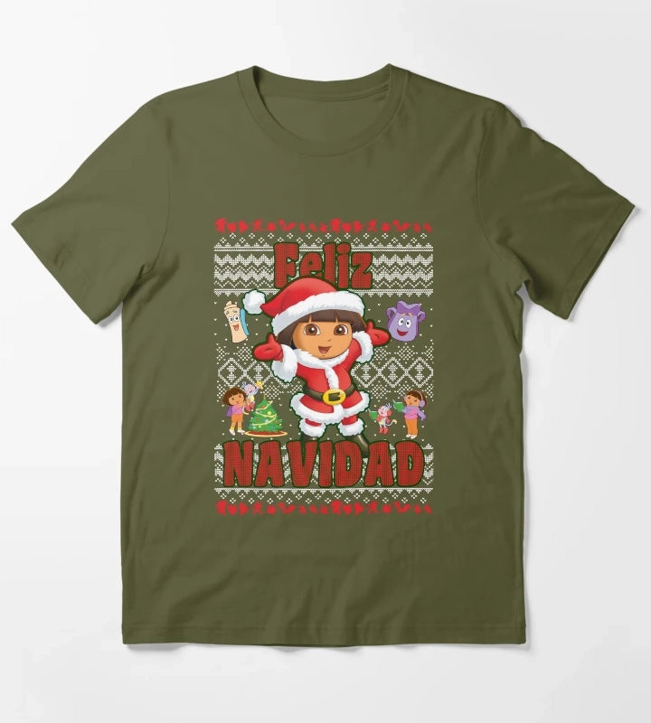 Dora the Explorer Christmas Dora Santa Ugly Sweater T-Shirt Olive Green