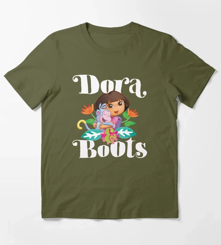 Dora the Explorer Dora and Boots Hugging Portrait T-Shirt Olive Green