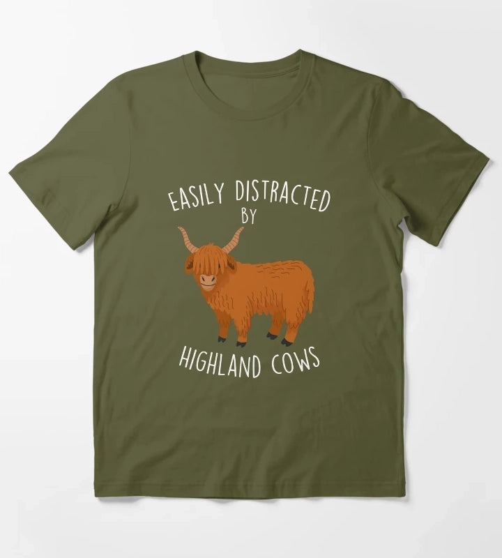 Easily Distracted by Highland Cows T-Shirt Olive Green