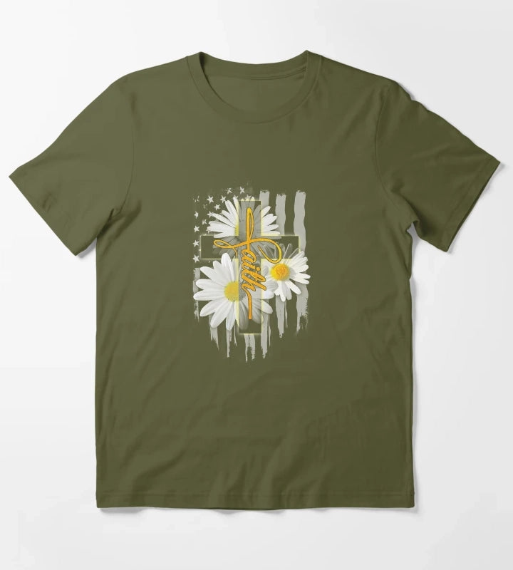 Faith Flag Daisy Tee T-Shirt Olive Green