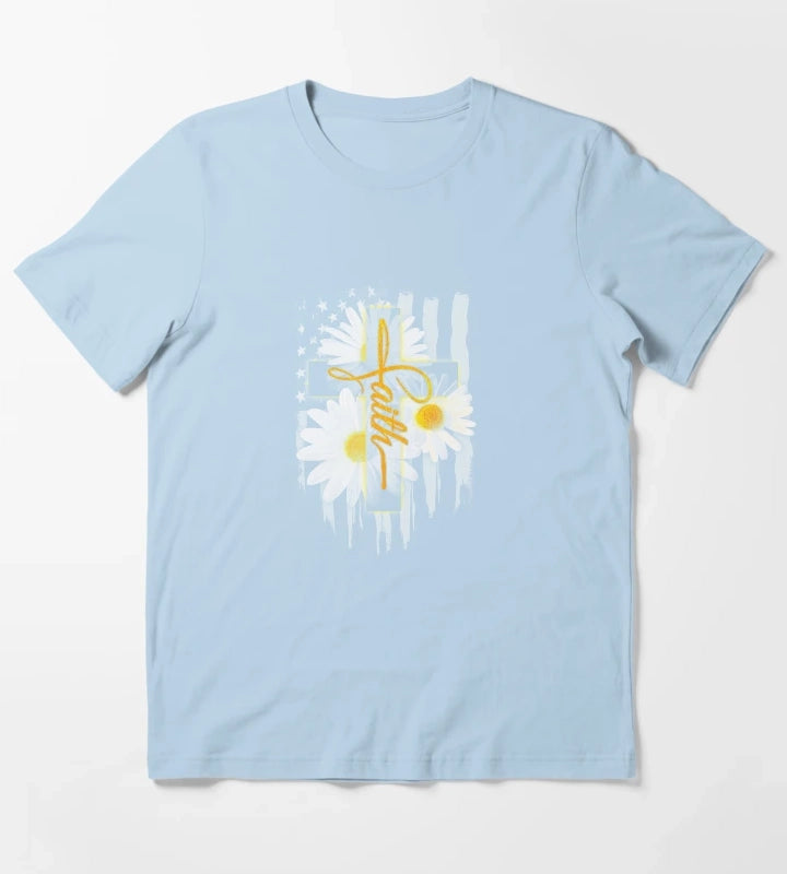 Faith Flag Daisy Tee T-Shirt Sky Blue