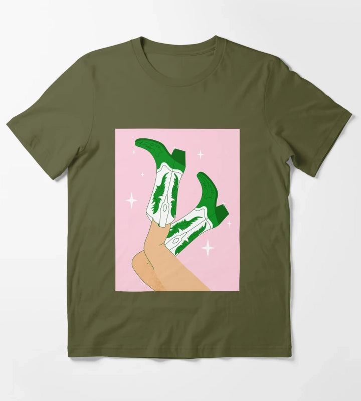 Female legs in cowboy boots Cowgirl wears boots T-Shirt Olive Green