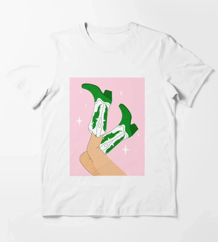 Female legs in cowboy boots Cowgirl wears boots T-Shirt White