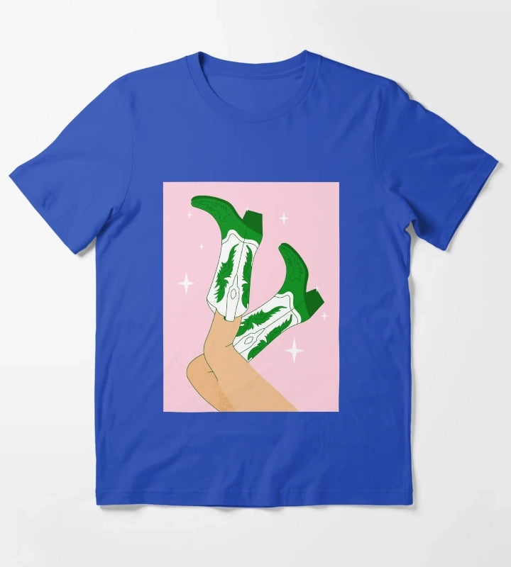 Female legs in cowboy boots Cowgirl wears boots T-Shirt Blue