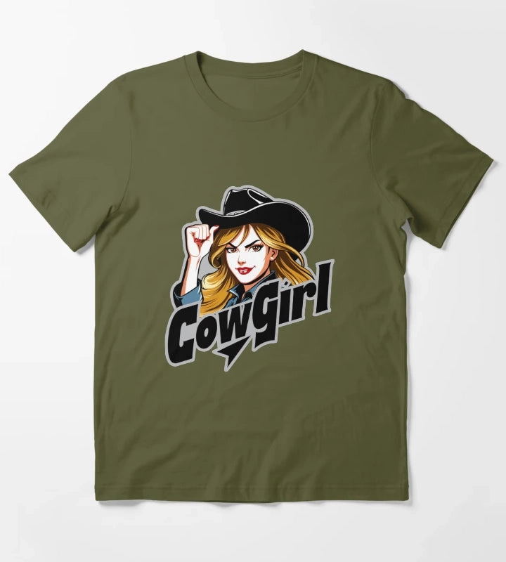 Fierce Retro Cowgirl Style T-Shirt Olive Green