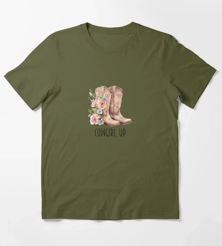 Floral Cowgirl Boots Cowgirl up T-Shirt Olive Green