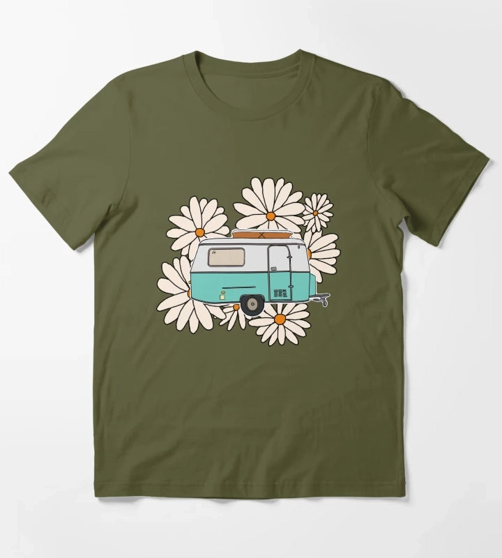 Floral travelling caravan T-Shirt Olive Green