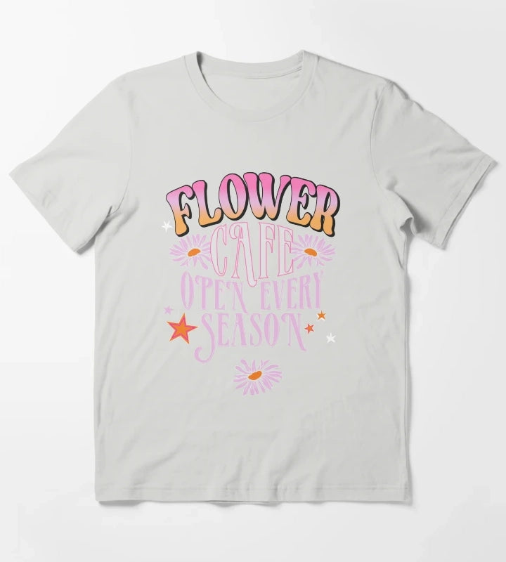 Flower Cafe Open Every Season Retro Daisy Typography TShirt T-Shirt Light Grey