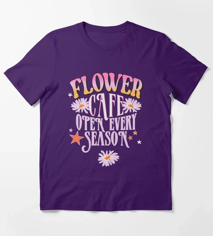 Flower Cafe Open Every Season Retro Daisy Typography TShirt T-Shirt Purple