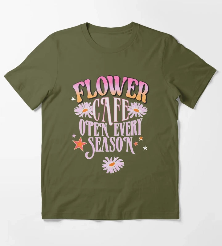 Flower Cafe Open Every Season Retro Daisy Typography TShirt T-Shirt Olive Green