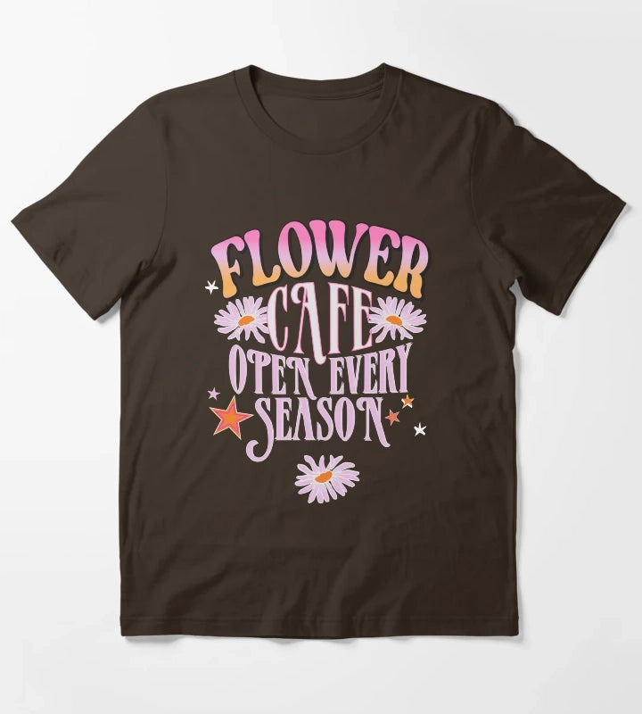 Flower Cafe Open Every Season Retro Daisy Typography TShirt T-Shirt Brown