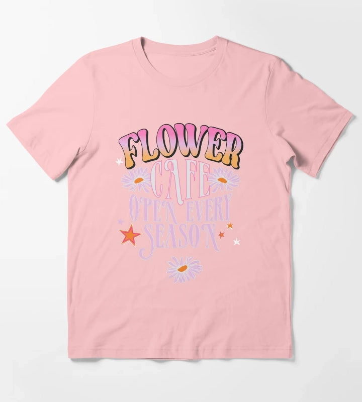 Flower Cafe Open Every Season Retro Daisy Typography TShirt T-Shirt Dark Grey