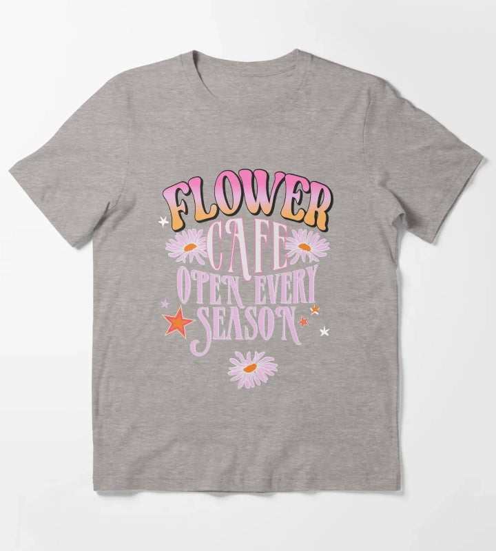Flower Cafe Open Every Season Retro Daisy Typography TShirt T-Shirt Heather Grey