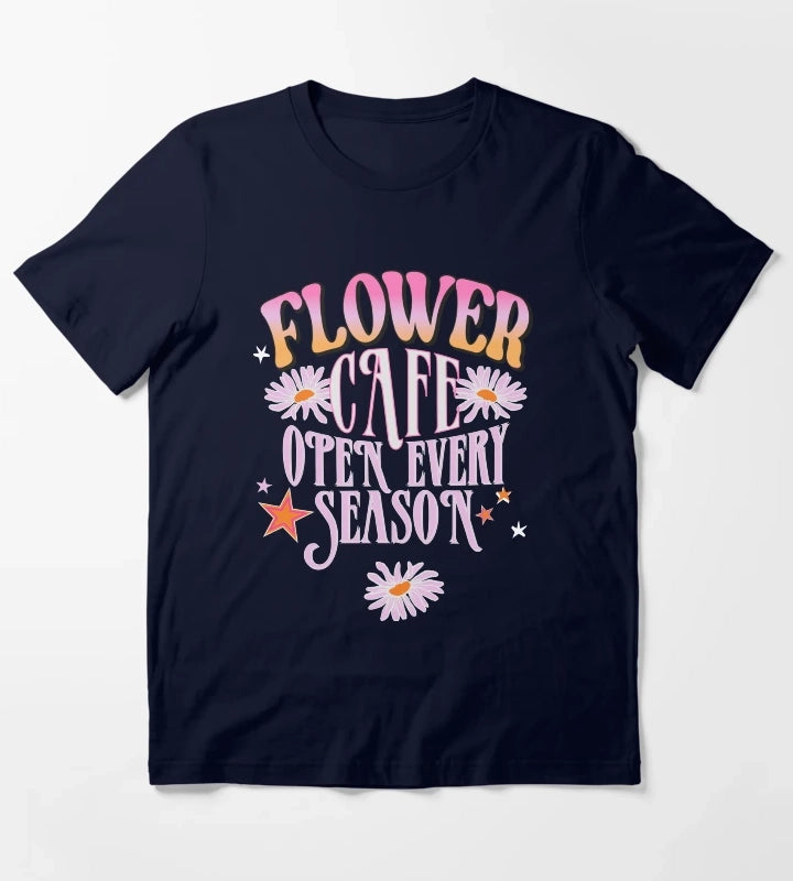 Flower Cafe Open Every Season Retro Daisy Typography TShirt T-Shirt Navy