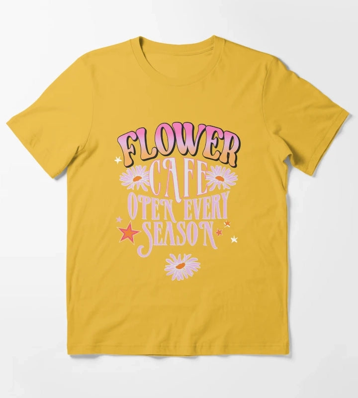 Flower Cafe Open Every Season Retro Daisy Typography TShirt T-Shirt Yellow