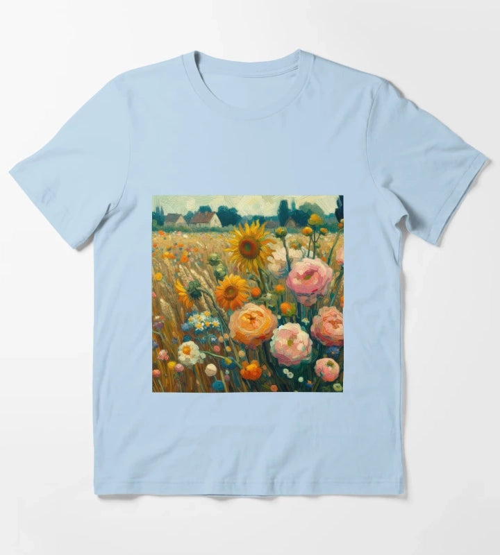 Flower Field Painting Van Gogh Style T-Shirt Sky Blue
