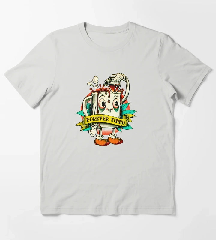Forever Tired Coffee Mug Cartoon Character T-Shirt Light Grey