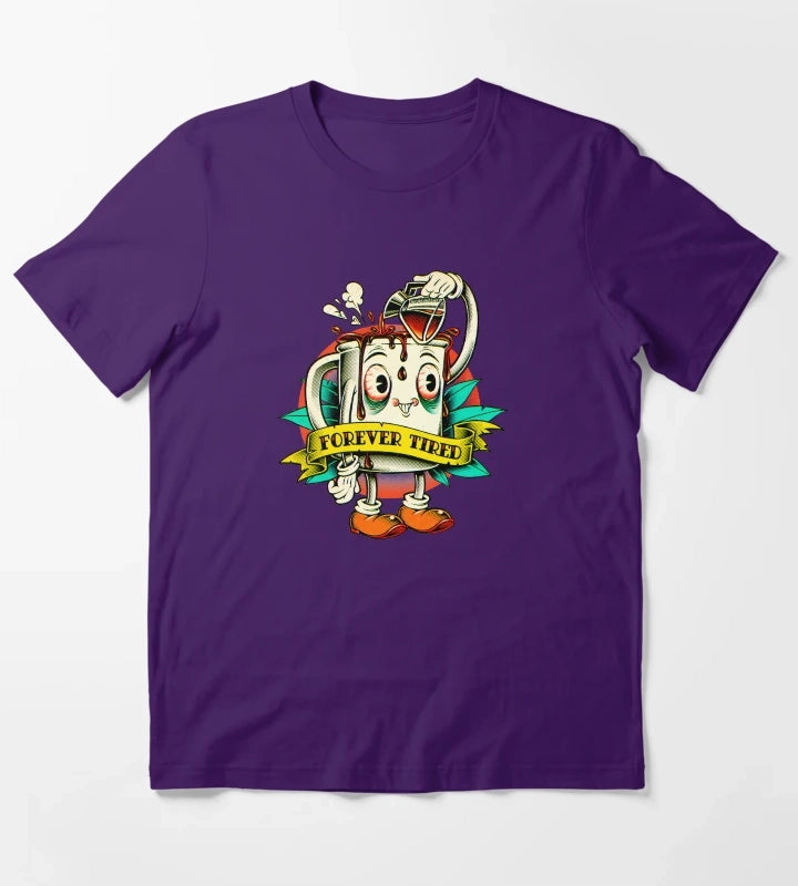 Forever Tired Coffee Mug Cartoon Character T-Shirt Purple
