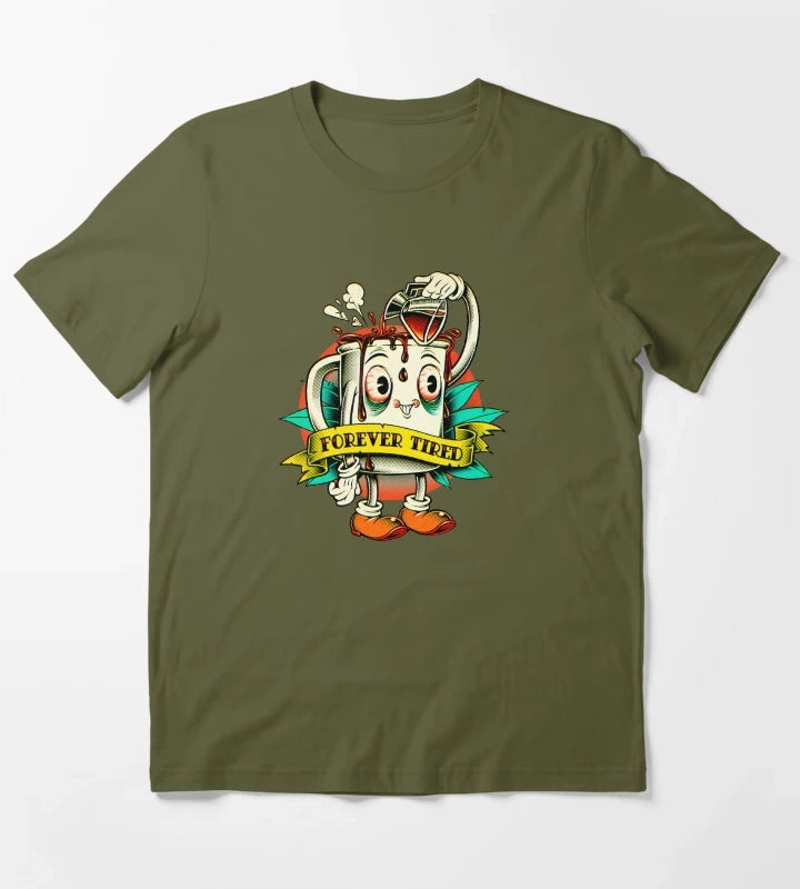 Forever Tired Coffee Mug Cartoon Character T-Shirt Olive Green