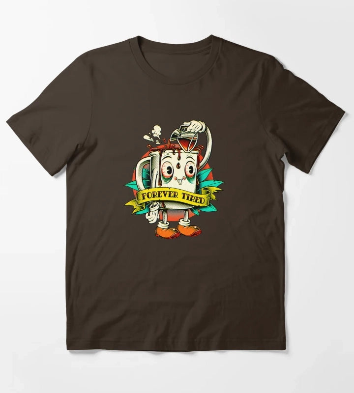 Forever Tired Coffee Mug Cartoon Character T-Shirt Brown