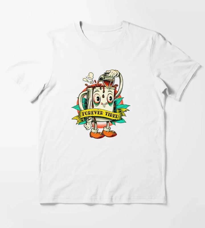 Forever Tired Coffee Mug Cartoon Character T-Shirt White