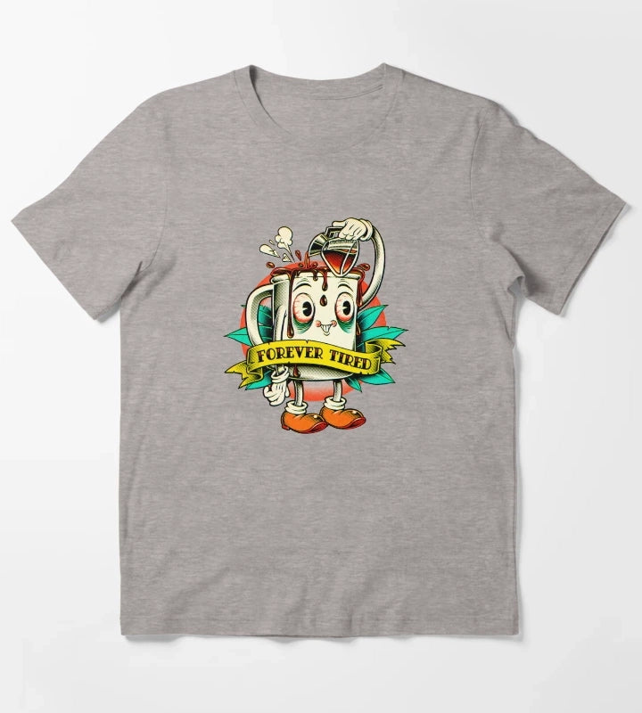 Forever Tired Coffee Mug Cartoon Character T-Shirt Heather Grey