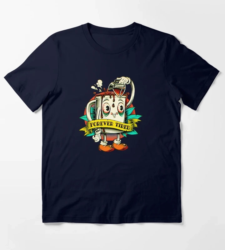 Forever Tired Coffee Mug Cartoon Character T-Shirt Navy