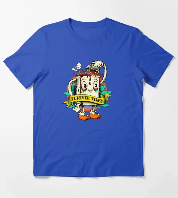 Forever Tired Coffee Mug Cartoon Character T-Shirt Blue