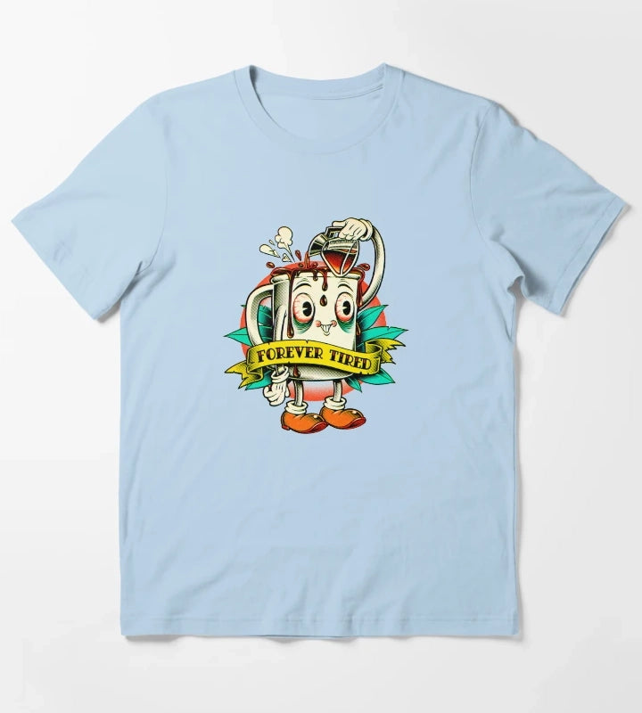 Forever Tired Coffee Mug Cartoon Character T-Shirt Sky Blue