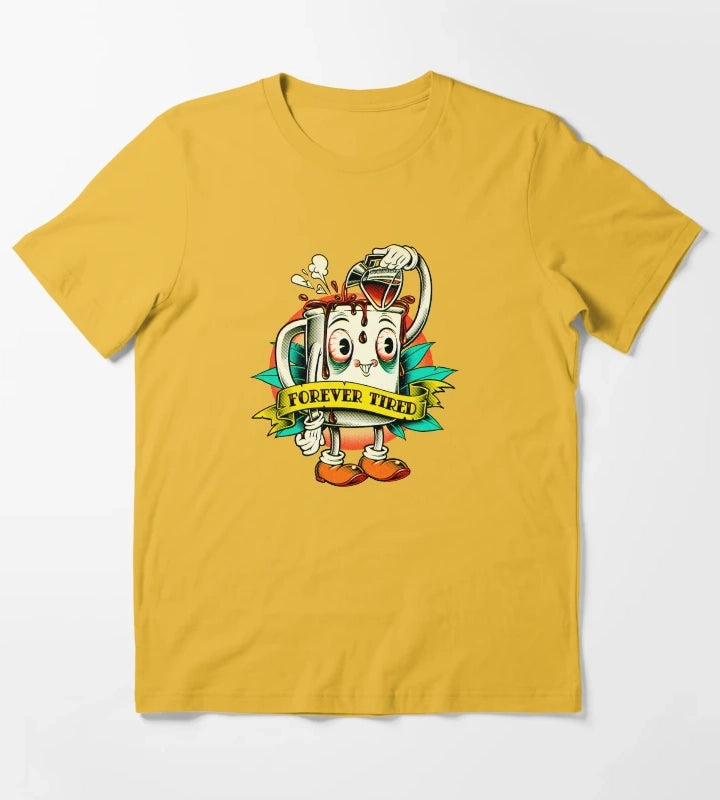Forever Tired Coffee Mug Cartoon Character T-Shirt Yellow