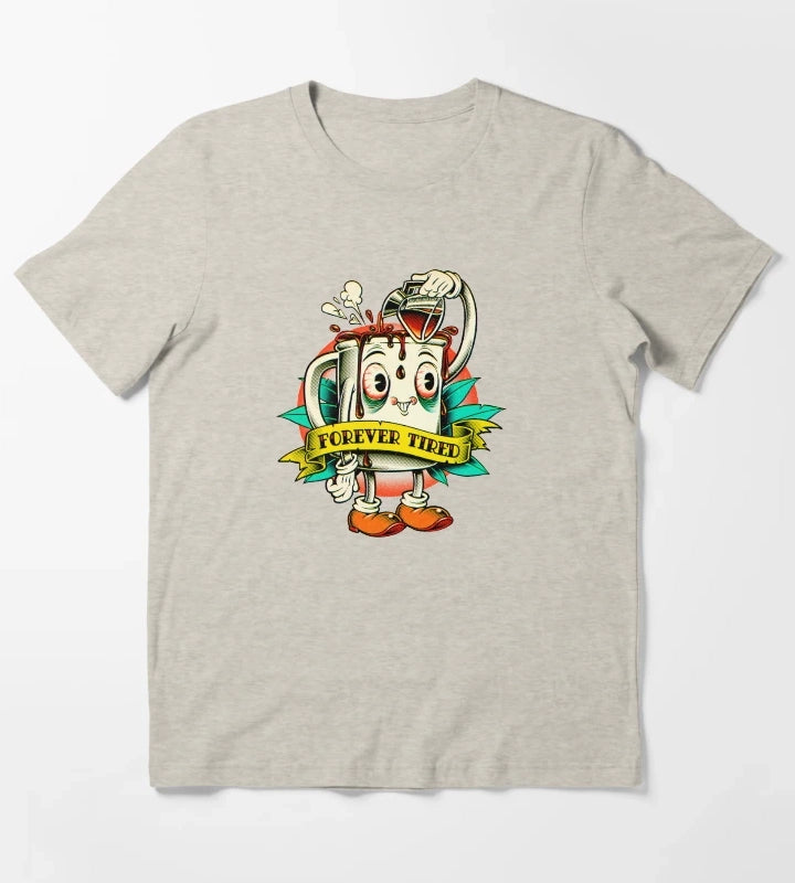Forever Tired Coffee Mug Cartoon Character T-Shirt Cream