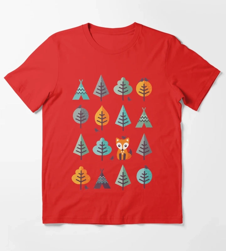 Fox in the Forest on Gray T-Shirt Red