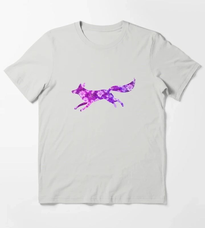 Fox with daisy flowers Purple T-Shirt Light Grey