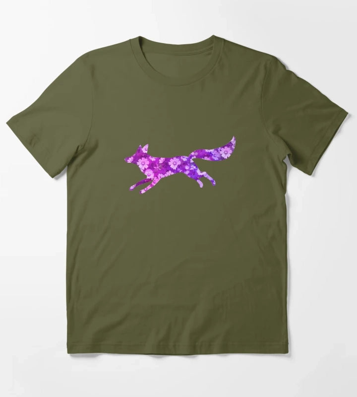 Fox with daisy flowers Purple T-Shirt Olive Green