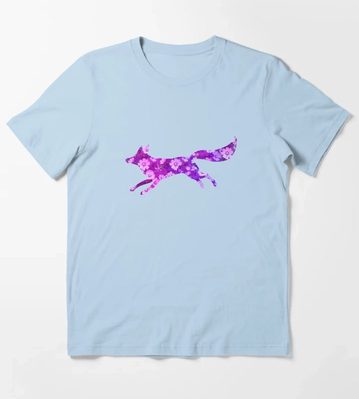 Fox with daisy flowers Purple T-Shirt Sky Blue