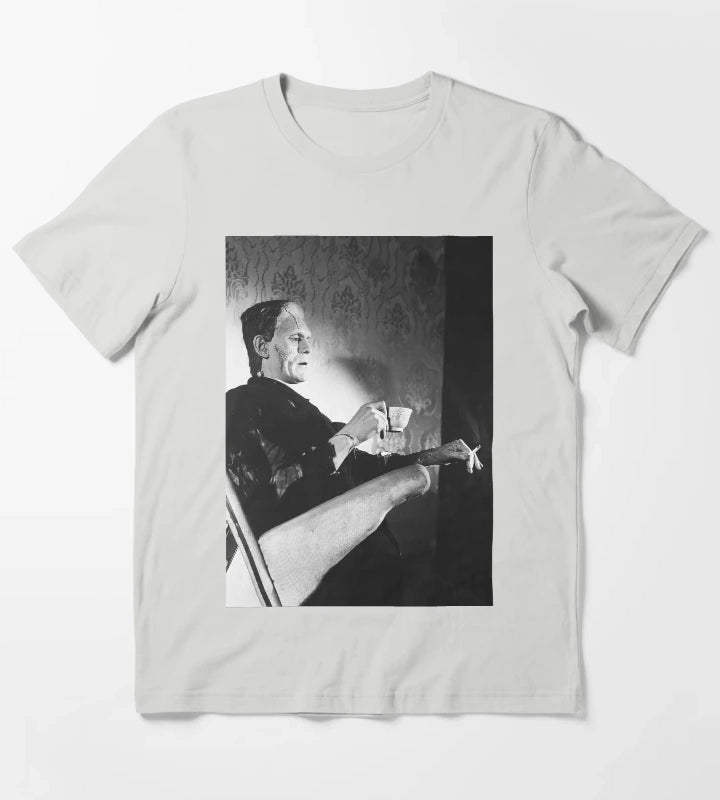 Frankenstein Smoking Black and White Vintage Art T-Shirt Light Grey