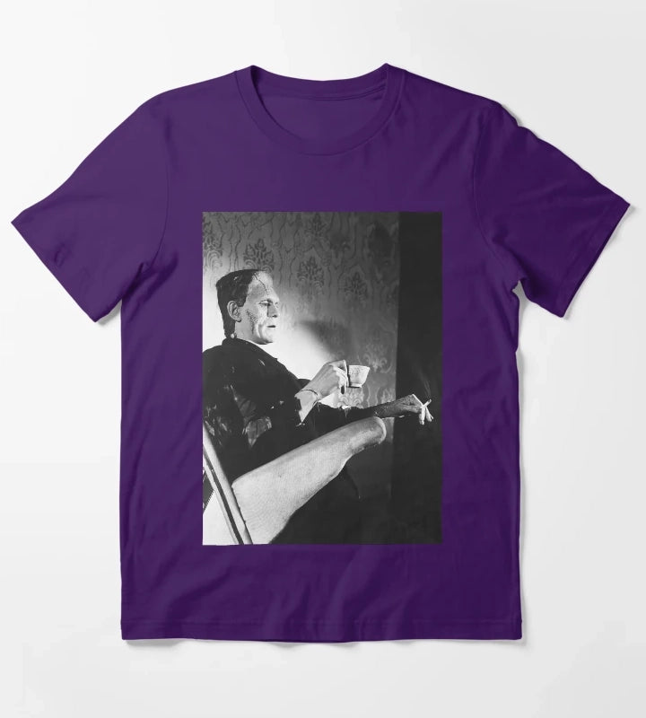 Frankenstein Smoking Black and White Vintage Art T-Shirt Purple