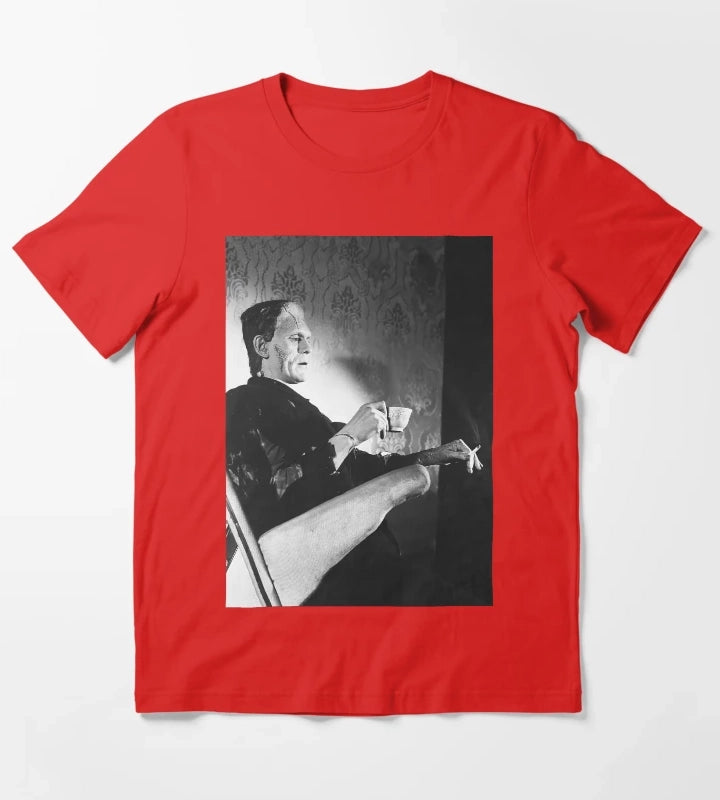 Frankenstein Smoking Black and White Vintage Art T-Shirt Red