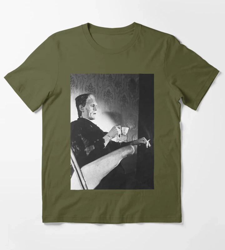 Frankenstein Smoking Black and White Vintage Art T-Shirt Olive Green