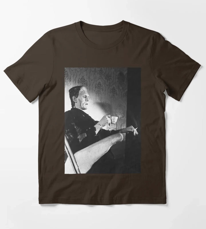 Frankenstein Smoking Black and White Vintage Art T-Shirt Brown