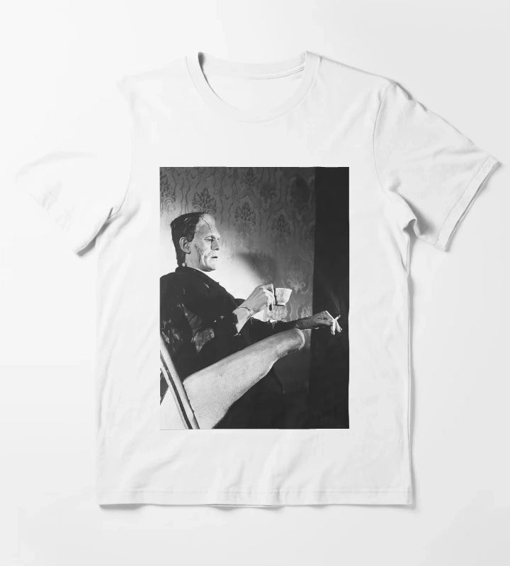Frankenstein Smoking Black and White Vintage Art T-Shirt White