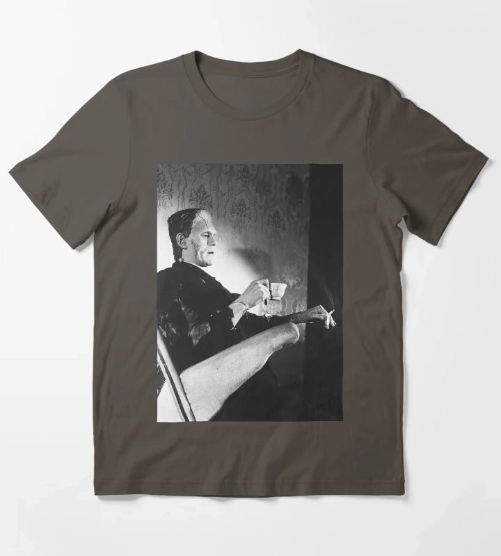 Frankenstein Smoking Black and White Vintage Art T-Shirt Dark Grey