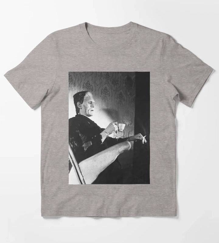 Frankenstein Smoking Black and White Vintage Art T-Shirt Heather Grey