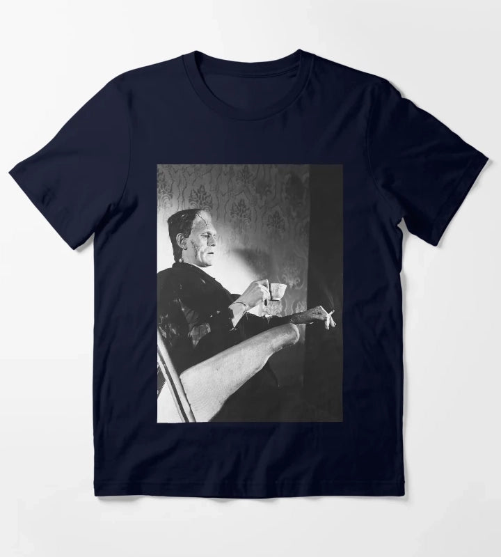 Frankenstein Smoking Black and White Vintage Art T-Shirt Navy