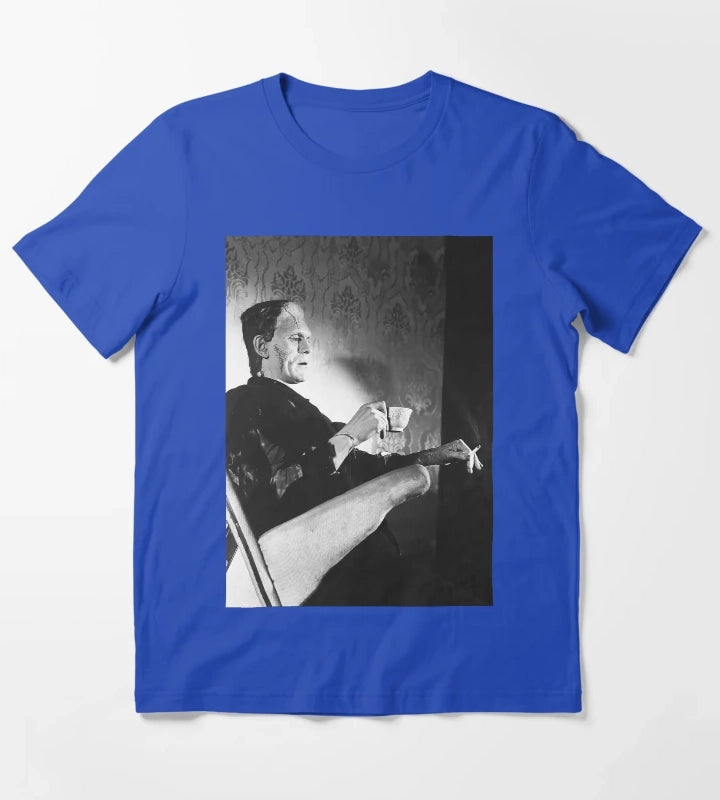 Frankenstein Smoking Black and White Vintage Art T-Shirt Blue