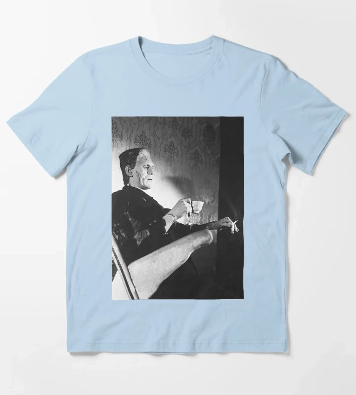 Frankenstein Smoking Black and White Vintage Art T-Shirt Sky Blue