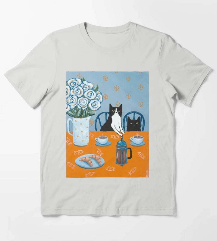 French Press Coffee Cats T-Shirt Light Grey