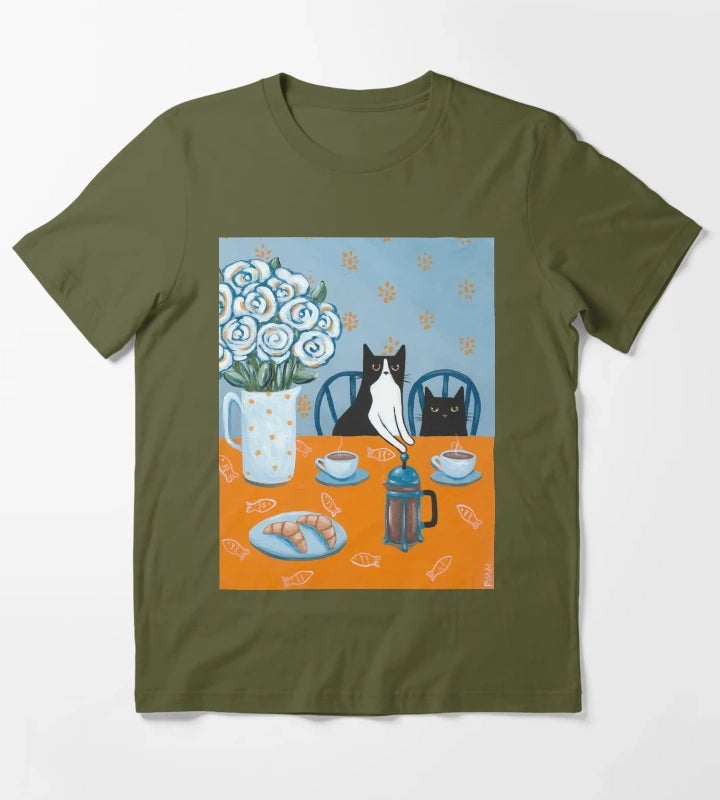 French Press Coffee Cats T-Shirt Olive Green