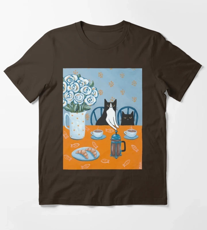 French Press Coffee Cats T-Shirt Brown