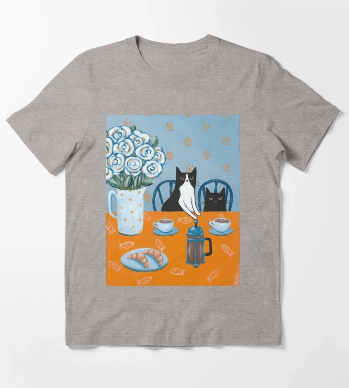 French Press Coffee Cats T-Shirt Heather Grey